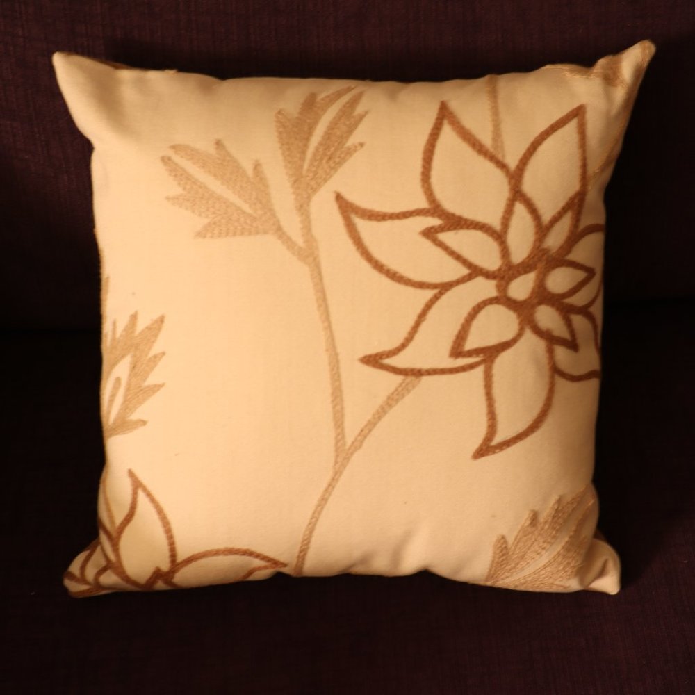 New! Flower Floral design PILLOW Cream Brown Tan Colors 11" x 11 1/2" x 4"